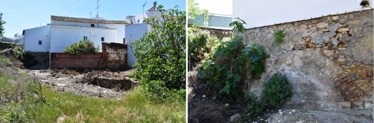 Tramo recubierto del arroyo La Medina a su salida del casco urbano y detalle del antiguo arco tapiado que se comunicaba con el desaparecido puente de Triana (A. Márquez Pascual, abril 2019)