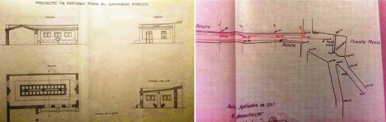 Diseño del proyecto de reforma de Las Pilas por el arquitecto sevillano D. Francisco Ortiz, 1885. A la derecha, plano de 1927 (Imágenes cedidas por J.J. Toribio García, A.M.)