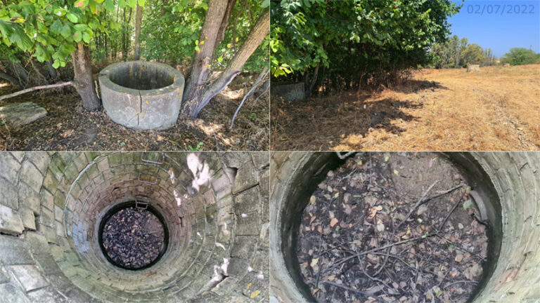 Uno de los pozos de la línea inferior, todavía accesible, que conducirían el agua a la fuente (A. Ventas, julio 2022)