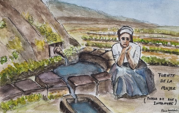 Fuente de la Mujer, obra libérrima inspirada en la leyenda de una mujer leprosa o apestada del siglo XVI (Boceto a tinta y acuarela, Paco Martínez Herrera, agosto 2021)