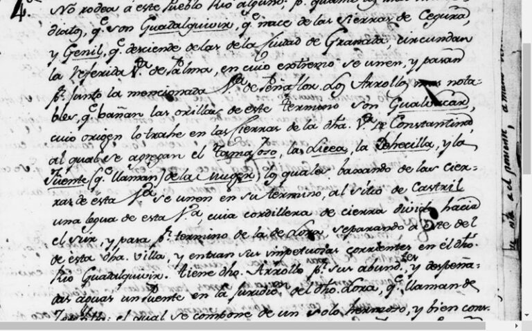 Extracto del manuscrito dieciochesco de la respuesta del párroco local D. Fernando Félix de Mena y Reloxillas al interrogatorio de Tomás López donde se menciona el topónimo objeto de estudio (BNE)